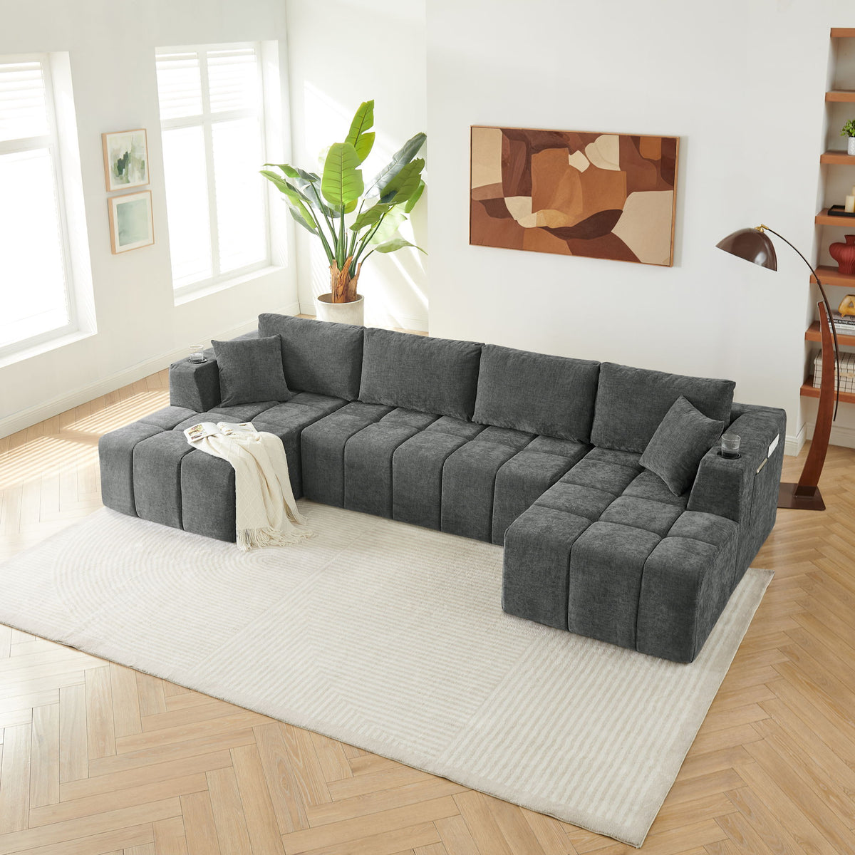 U - Shaped Sectional Sofa, Cup Holders &amp; Side Pockets For Living Room