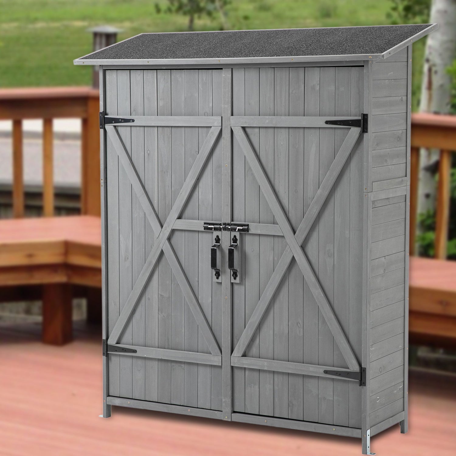 Outdoor Storage Shed With Lockable Door, Wooden Tool Storage Shed With Detachable Shelves &amp; Pitch Roof