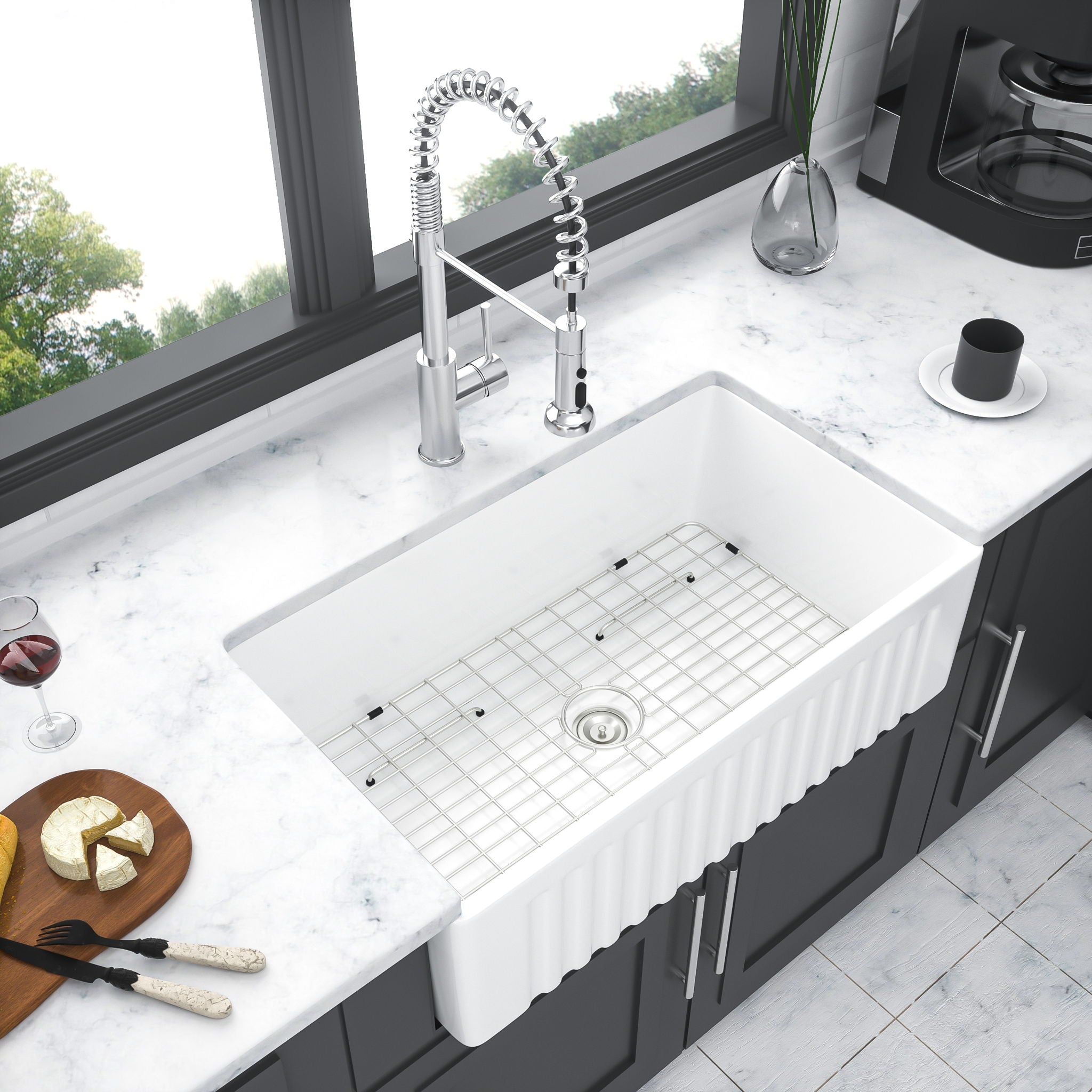 Sink 30&quot; Apron Front Reversible Single Bowl Kitchen Sink With Grid And Strainer - White