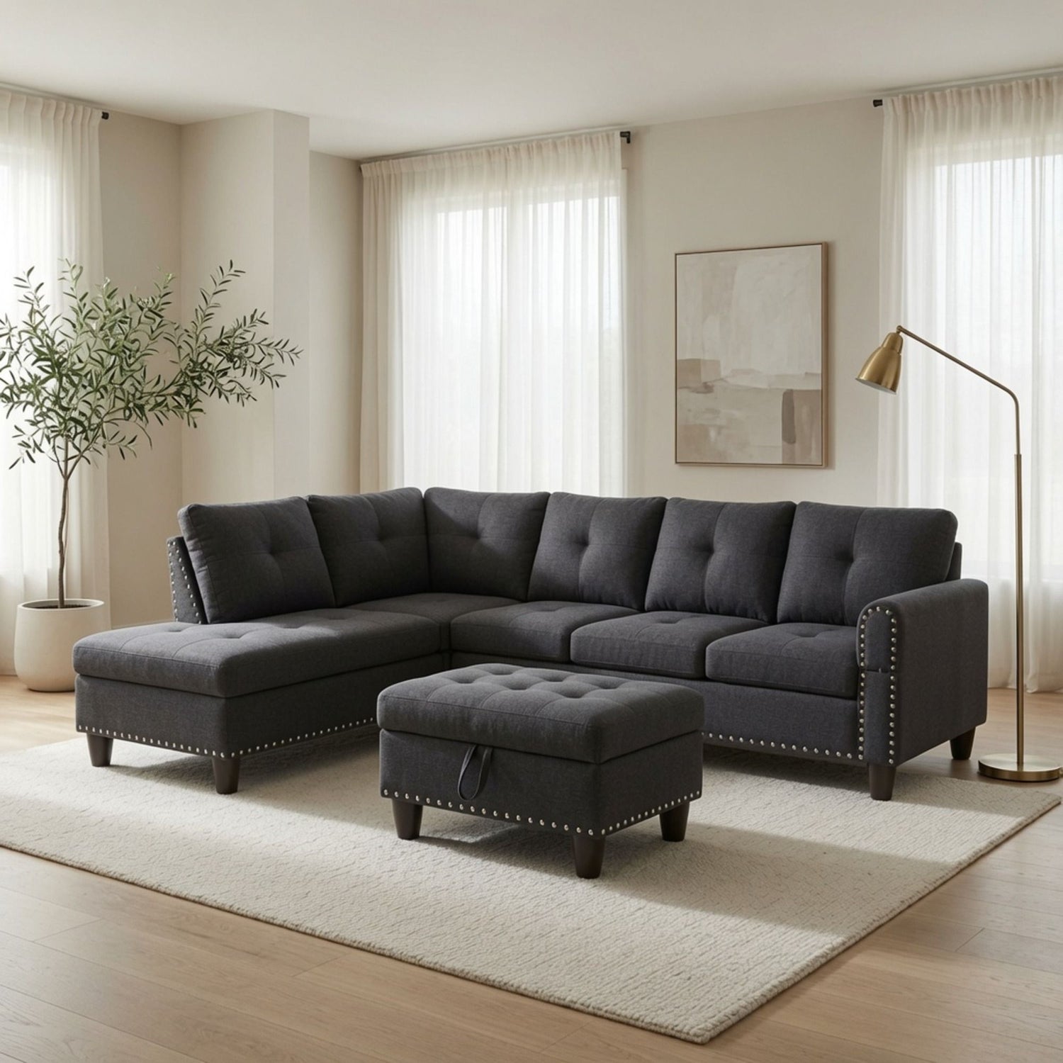 L - Shaped 3 Piece Sectional Sofa With Chaise, Storage Ottoman &amp; Cup Holders