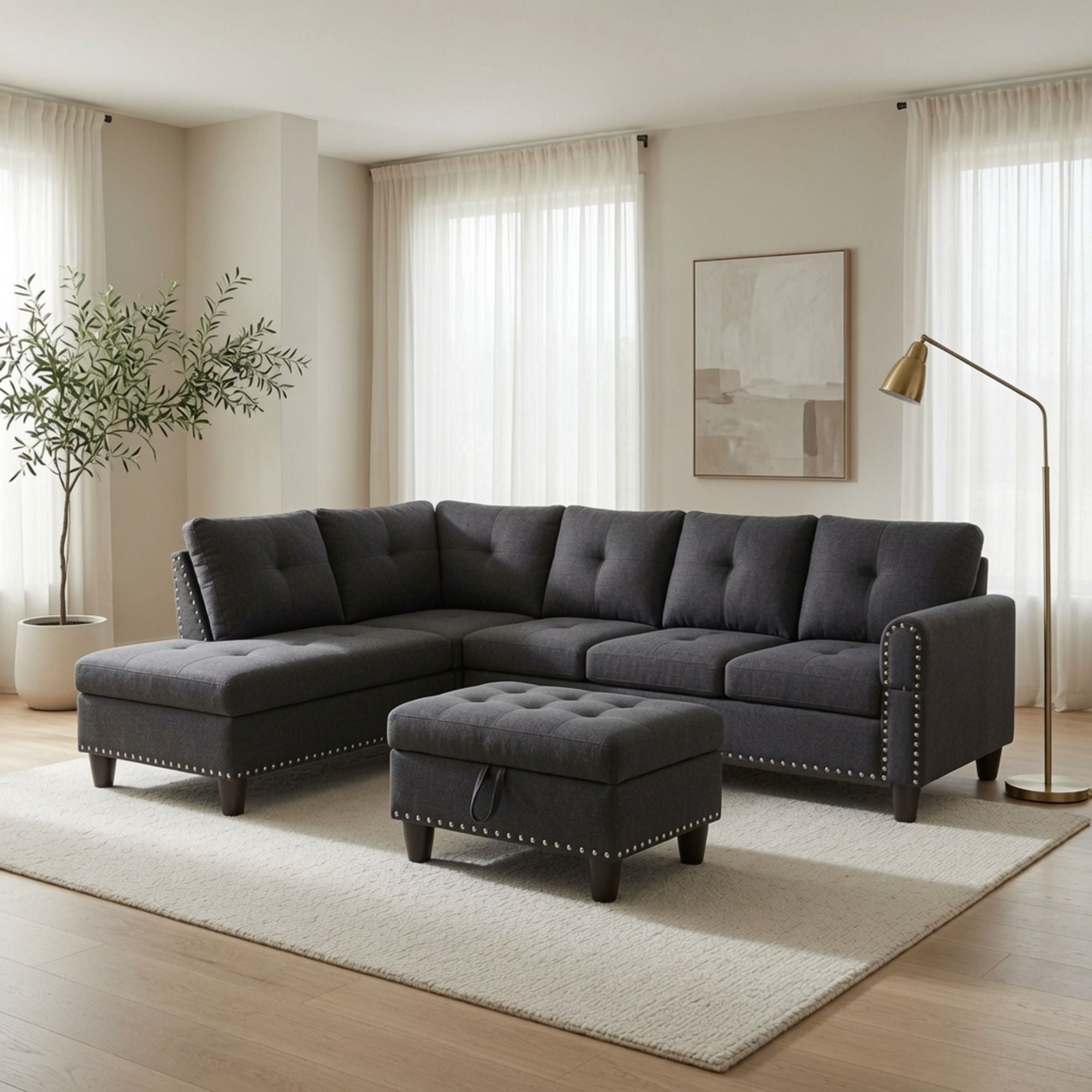 L - Shaped 3 Piece Sectional Sofa With Chaise, Storage Ottoman &amp; Cup Holders