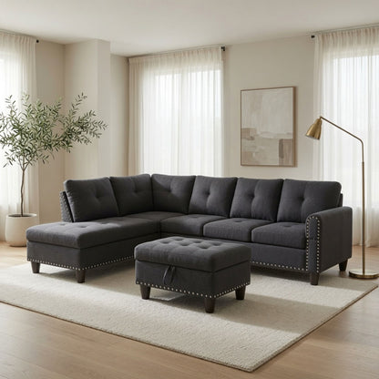 L - Shaped 3 Piece Sectional Sofa With Chaise, Storage Ottoman &amp; Cup Holders