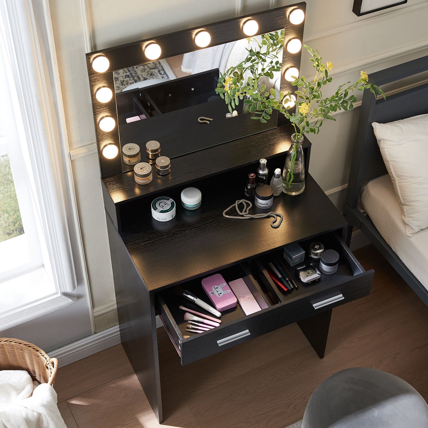 Vanity Desk With Mirror And Lights, Dressing Table With Large Drawer, 2 Level Storage Dresser &amp; 3 Lighting Modes Adjustable Brightness, Suitable For Bedroom