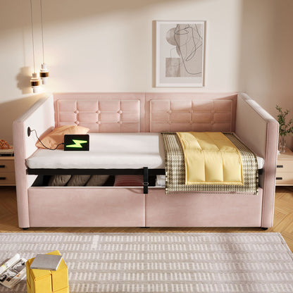 Upholstered Hydraulic Storage Daybed With USB &amp; Type C Charging