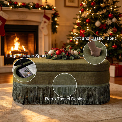 Oval Upholstered Storage Ottoman With Fringe Trim &amp; Lift Top Lid