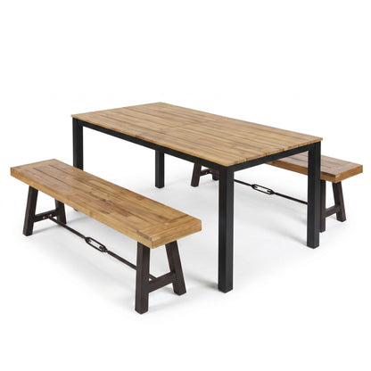 3 Piece Outdoor Dining Set, Rectangular Patio Table &amp; 2 Benches - Black / Teak