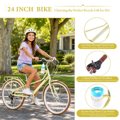 24" Cruiser Bike With 6 Speed Gear System, Rear Rack &amp; Cup Holder