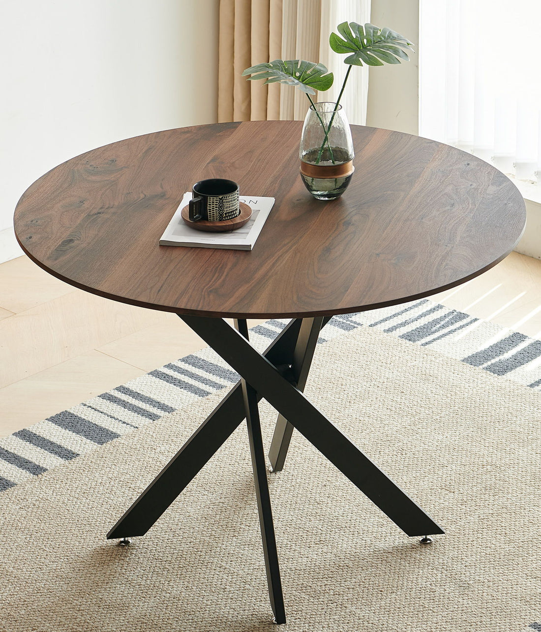 Mid-Century Dining Table For 4 - 6 People With Round Table Top, Pedestal Dining Table, End Table Leisure Coffee Table, Cross Leg