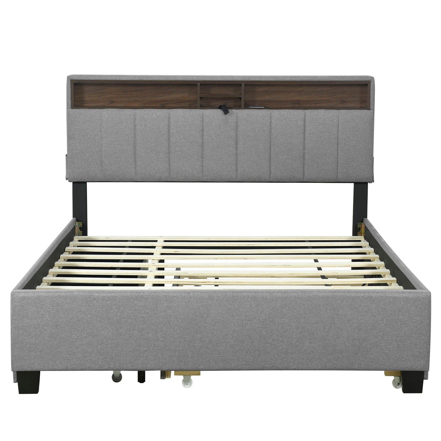 Upholstered Platform Bed With Storage Headboard, Trundle &amp; 2 Drawers And A Set Of Sockets &amp; USB Ports