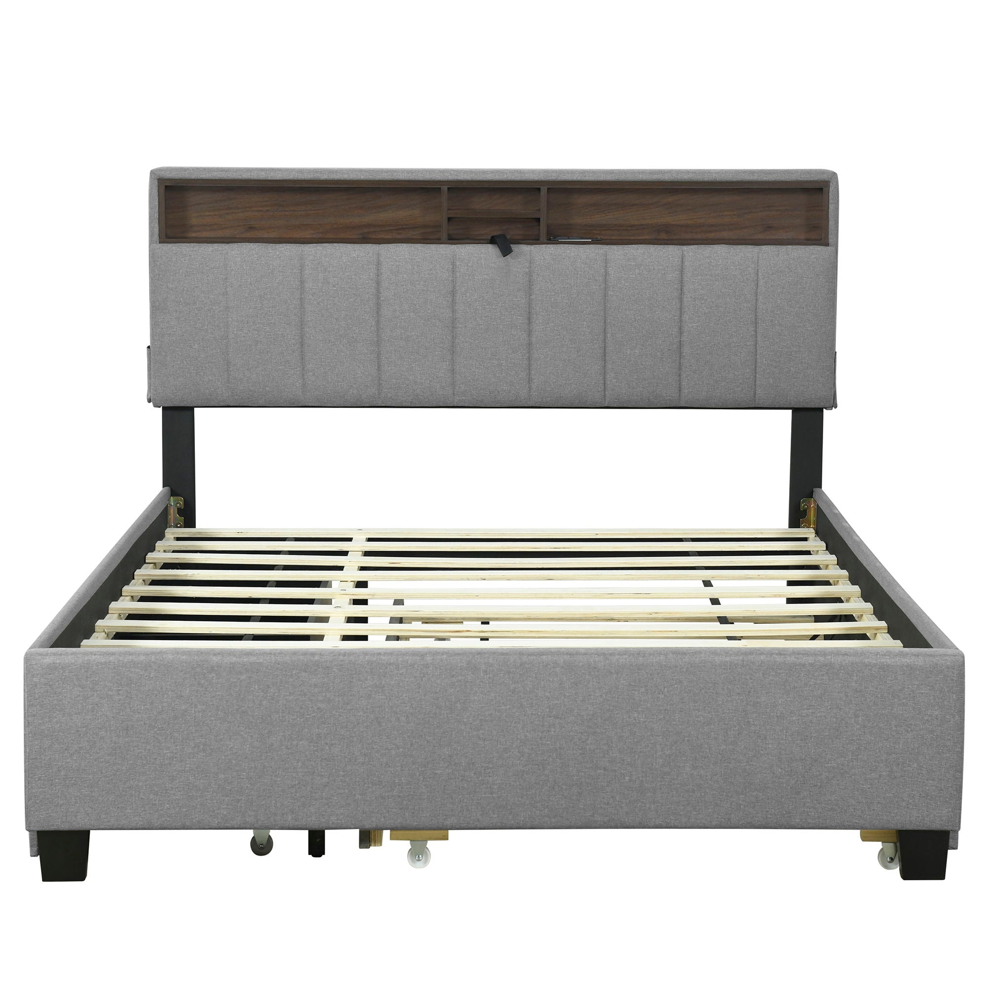 Upholstered Platform Bed With Storage Headboard, Trundle &amp; 2 Drawers And A Set Of Sockets &amp; USB Ports