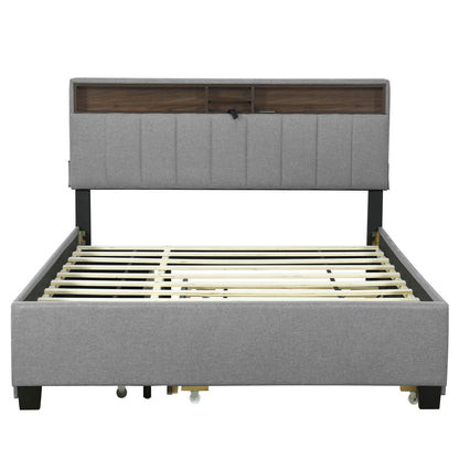 Upholstered Platform Bed With Storage Headboard, Trundle &amp; 2 Drawers And A Set Of Sockets &amp; USB Ports