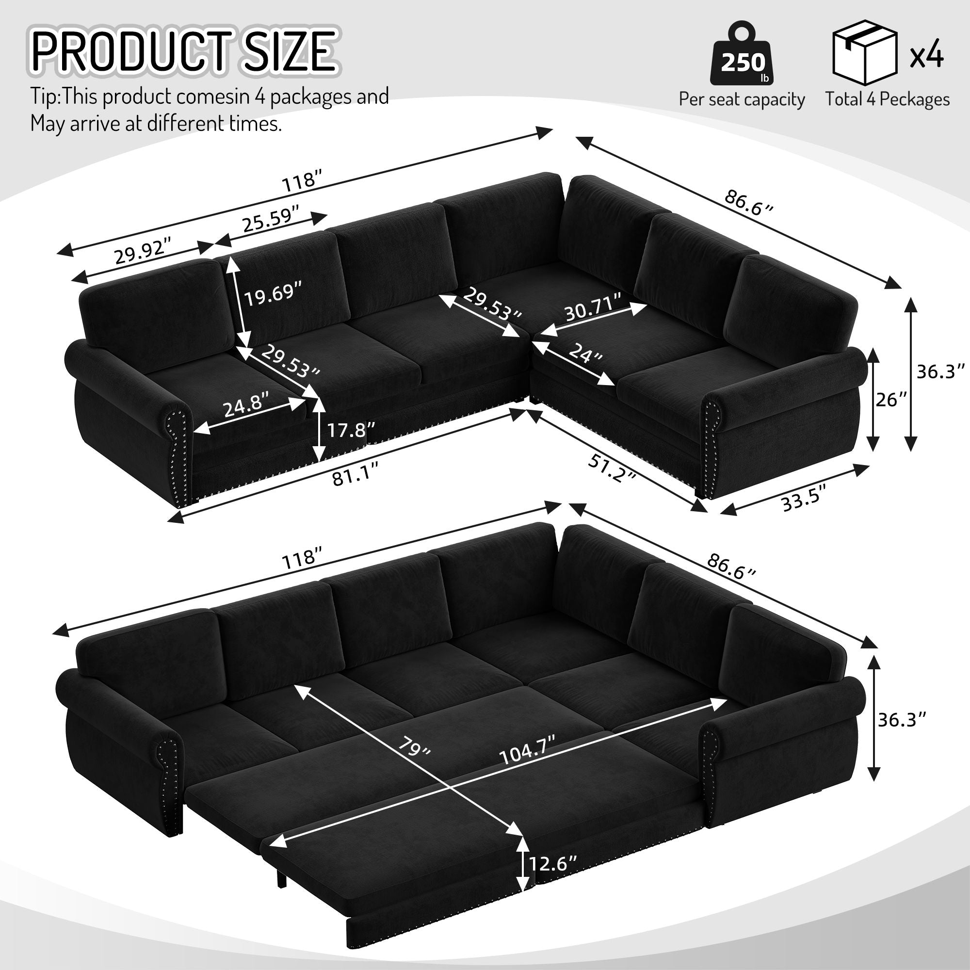 L-Shaped Sofa Couch With Pull Out Bed With Nailhead Trim &amp; Rolled Arm