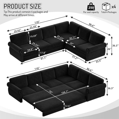 L-Shaped Sofa Couch With Pull Out Bed With Nailhead Trim &amp; Rolled Arm