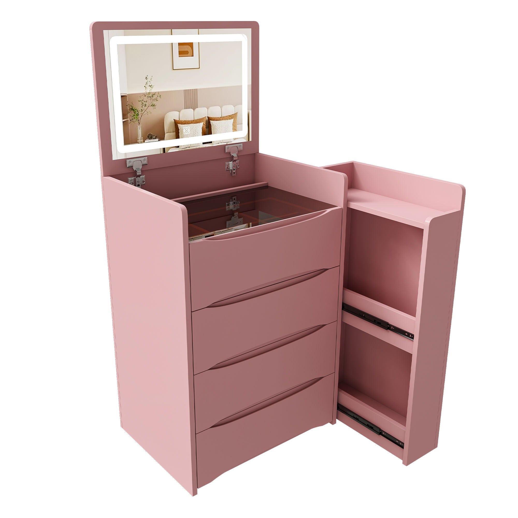 Flip Mirror Vanity Desk With Adjustable LED Lights &amp; Stool For Bedroom