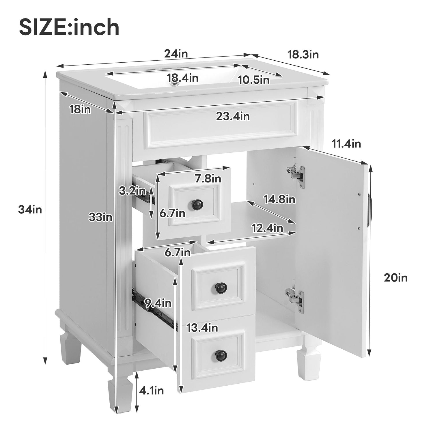 Bathroom Vanity With Sink, Compact Cabinet &amp; 2 Drawers And Adjustable Shelf