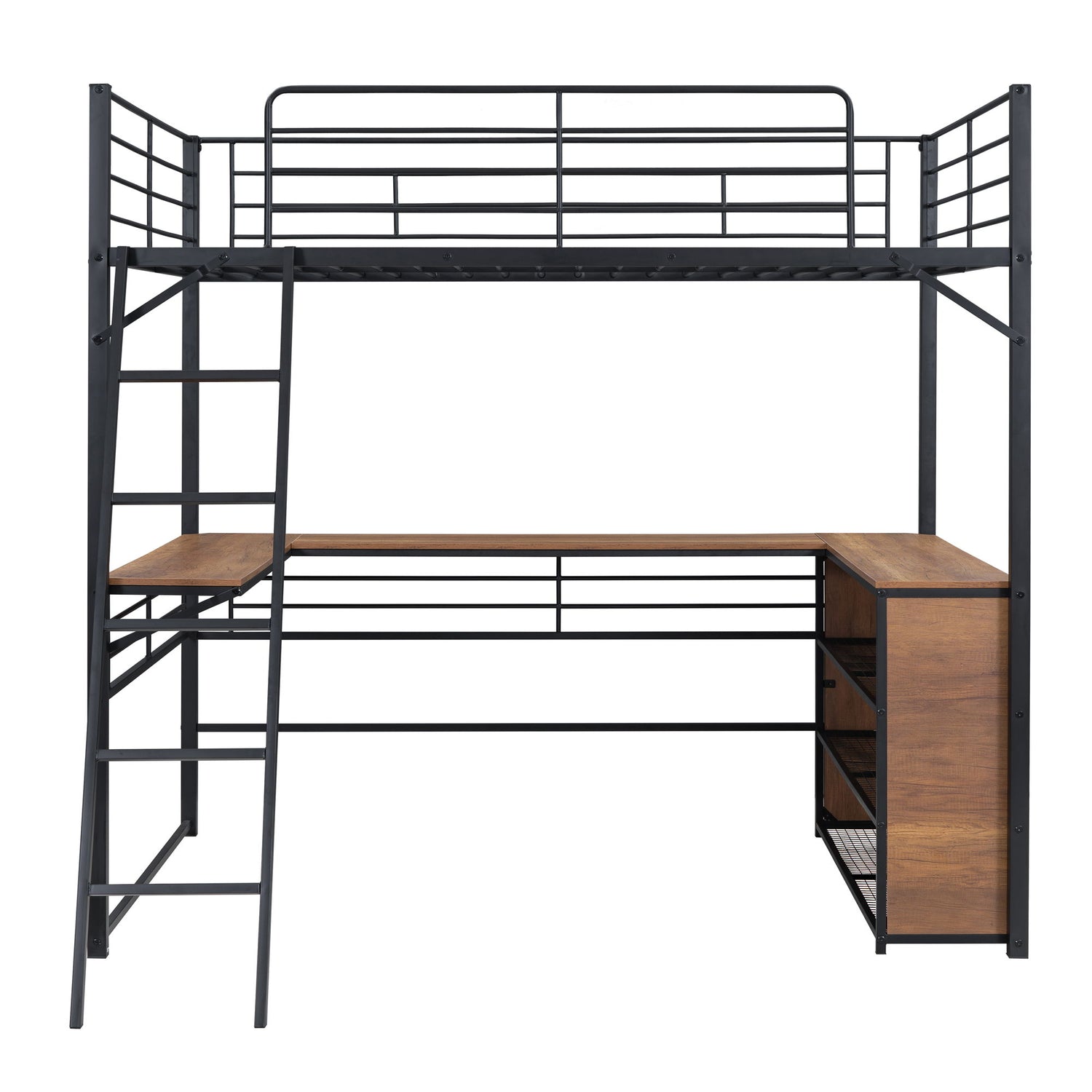 Loft Bed &amp; 3 Layers Of Shelves And L-Shaped Desk