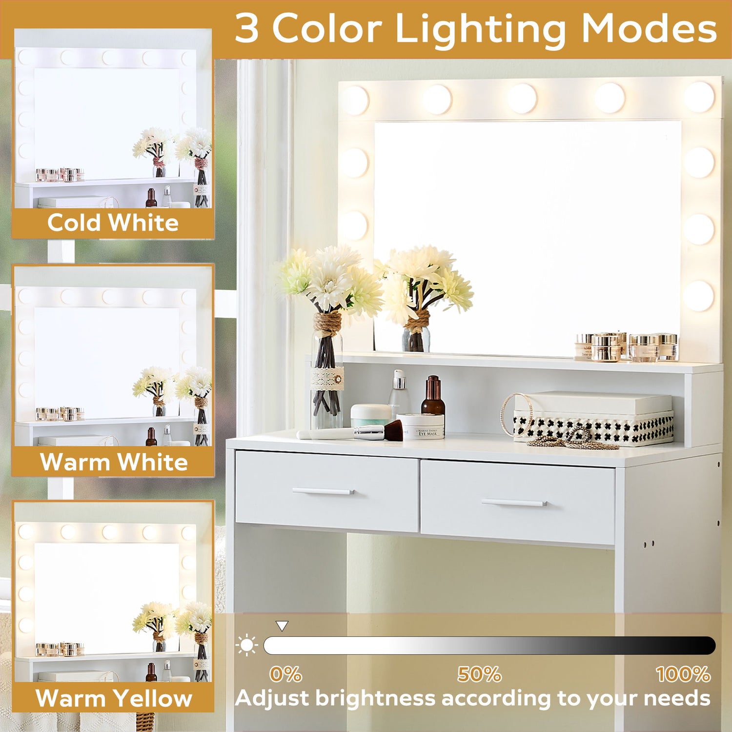 Vanity Desk With Mirror And Lights, Dressing Table With Large Drawer, 2 Level Storage Dresser &amp; 3 Lighting Modes Adjustable Brightness, Suitable For Bedroom