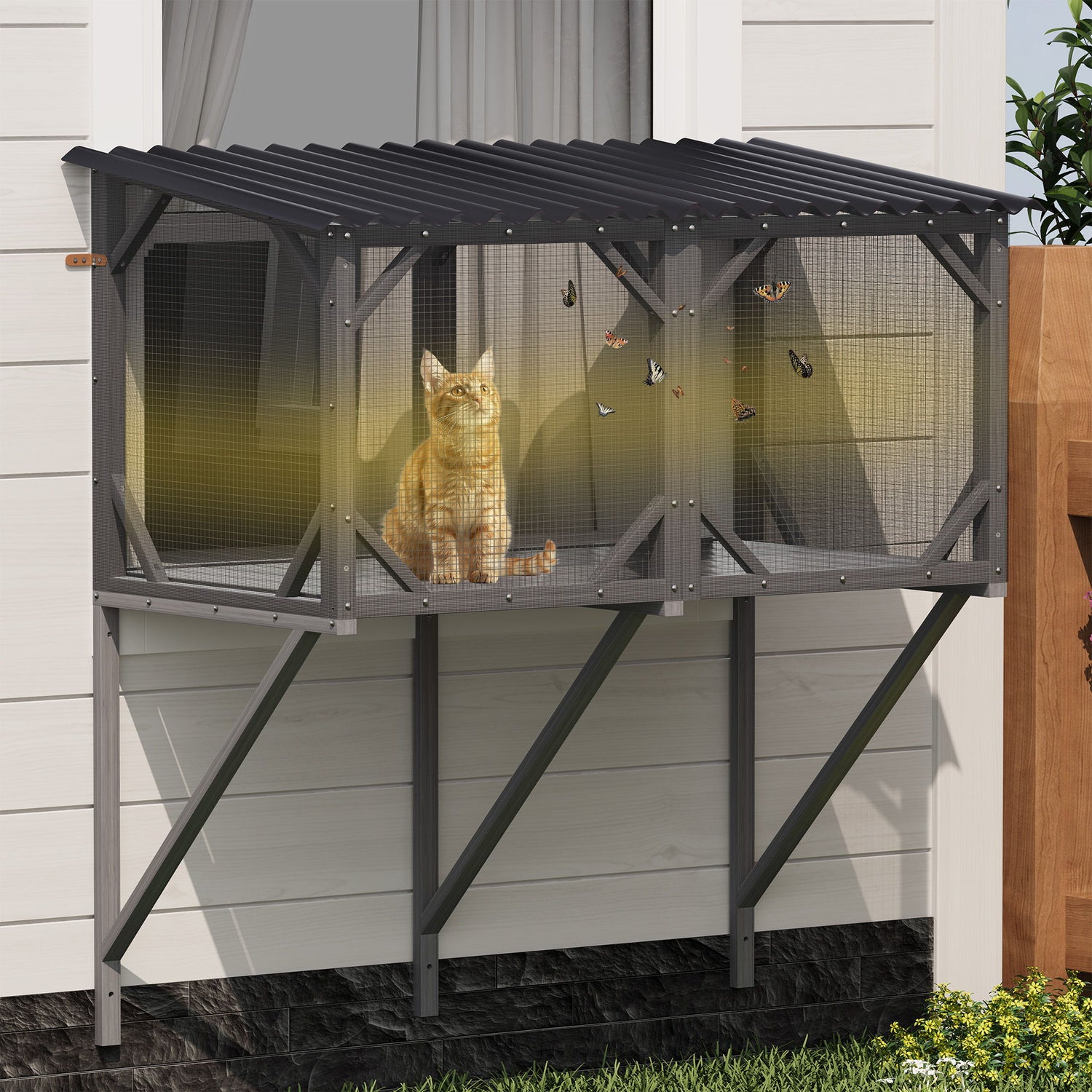Premium Cat Window Box With Bug Proof Net For Large Indoor Cats Spruce Wood &amp; Polyester - Antique Gray