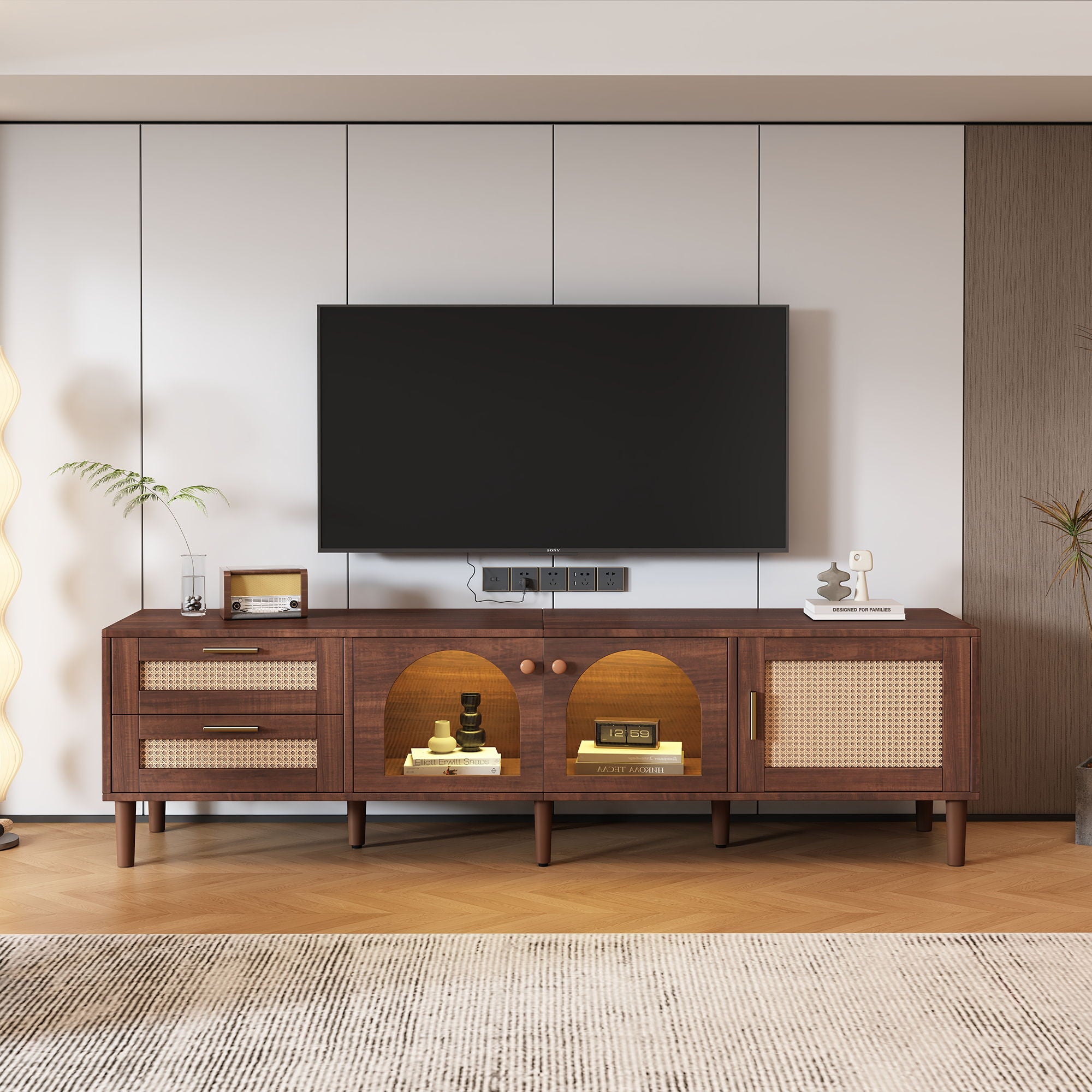 TV Stand With 3 Cabinets &amp; 2 Drawers, LED Light Media Console For TVs Up To 80" - Dark Brown