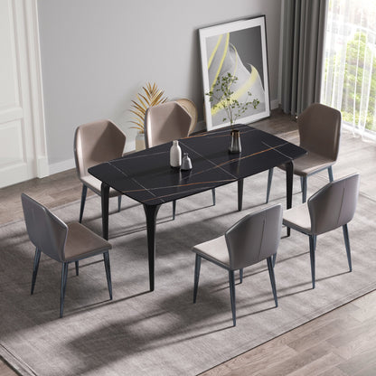63&quot; Artificial Stone Black Curved Black Metal Leg Dining Table, 6 People - Black