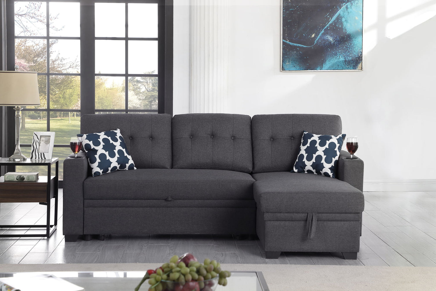 82&quot; Width Sectional With Storage Chaise And Cupholder Armrest