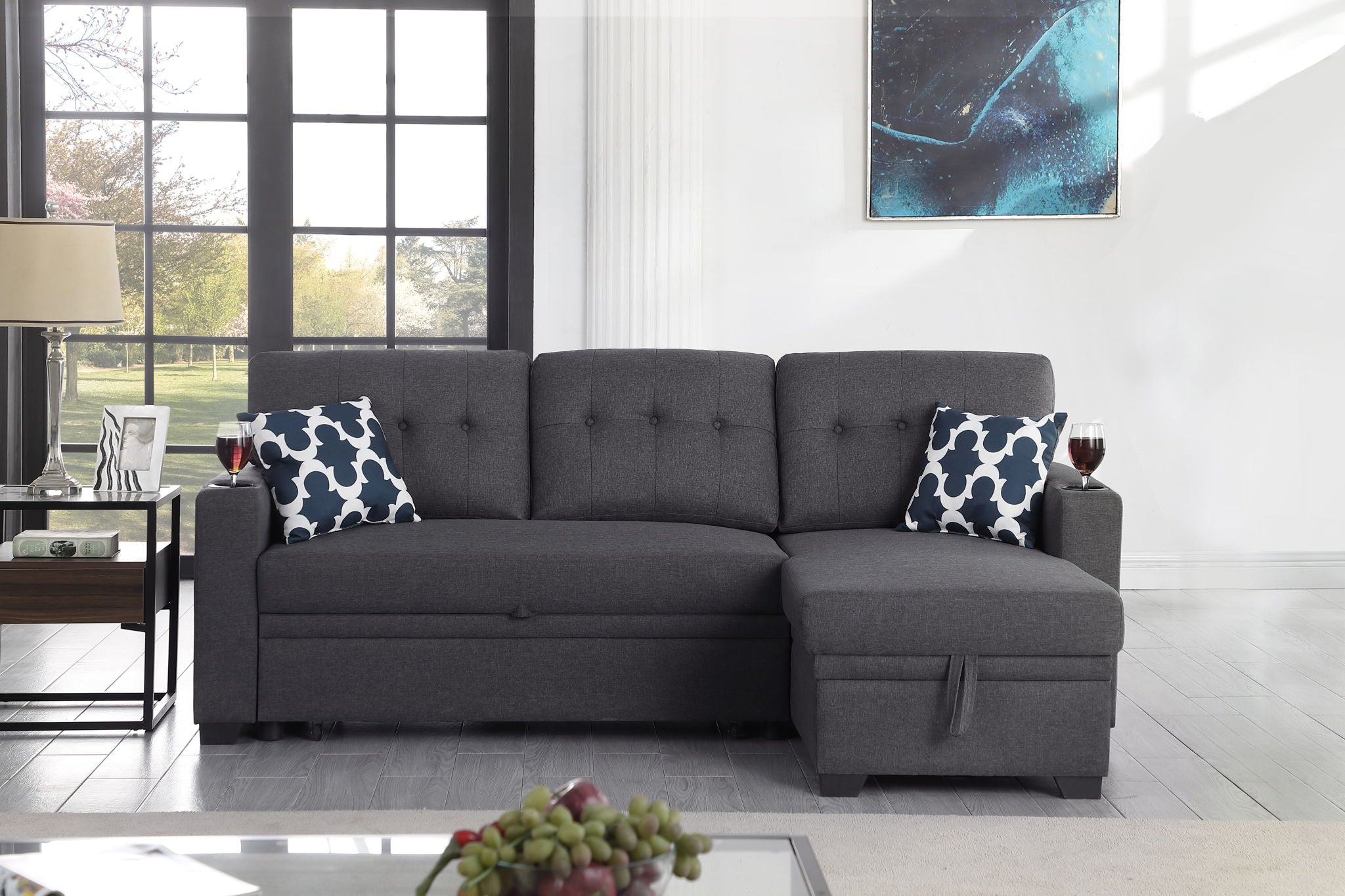 82&quot; Width Sectional With Storage Chaise And Cupholder Armrest