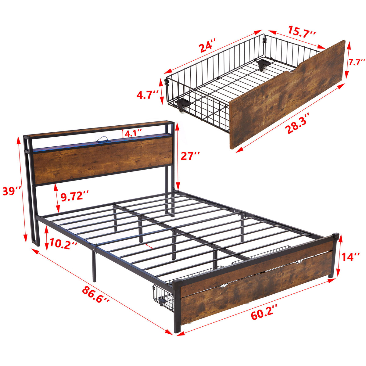 Modern Metal Platform Bed Frame With Wooden Headboard And Footboard, USB Charging Station, LED Lights, 2 Drawers