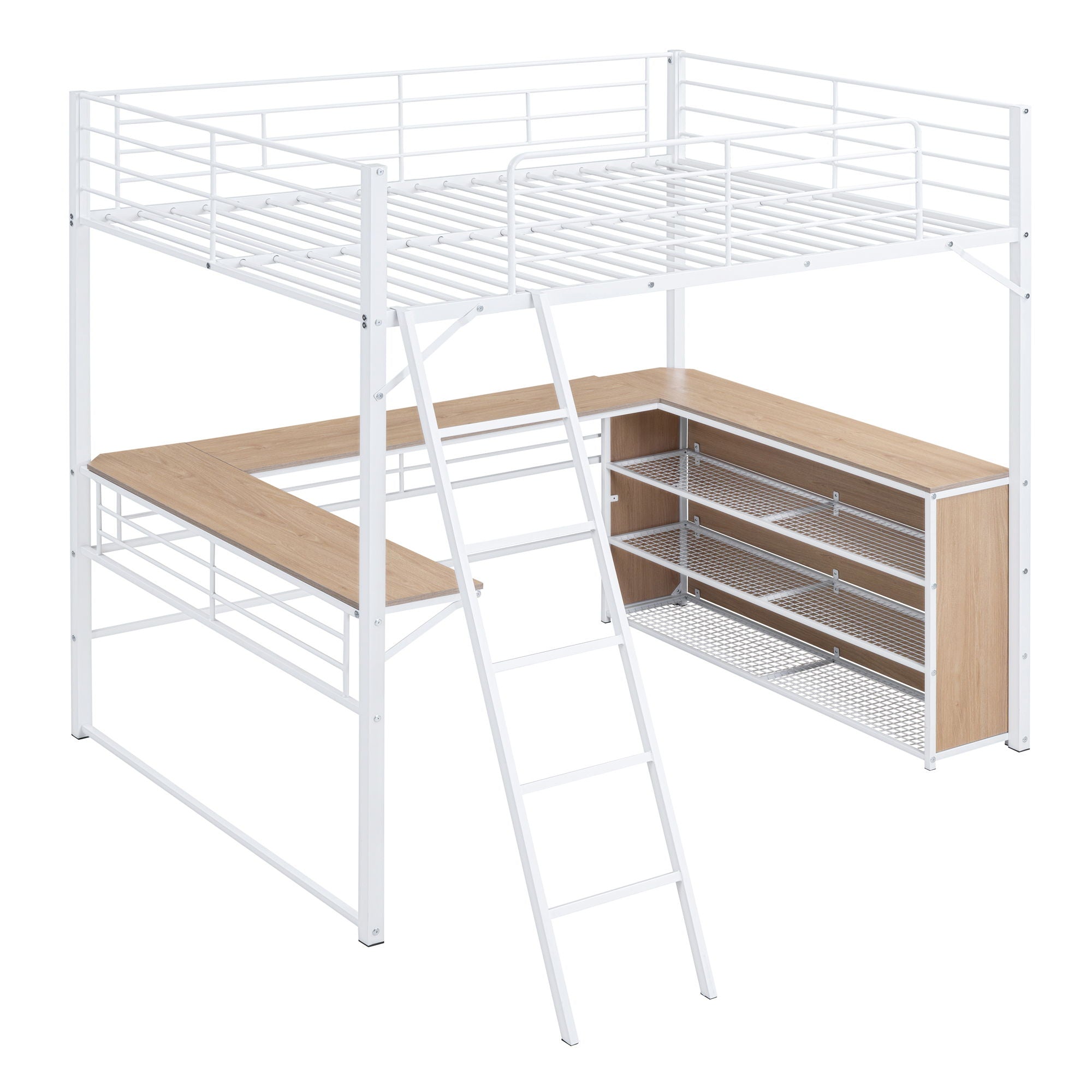 Loft Bed &amp; 3 Layers Of Shelves And L-Shaped Desk