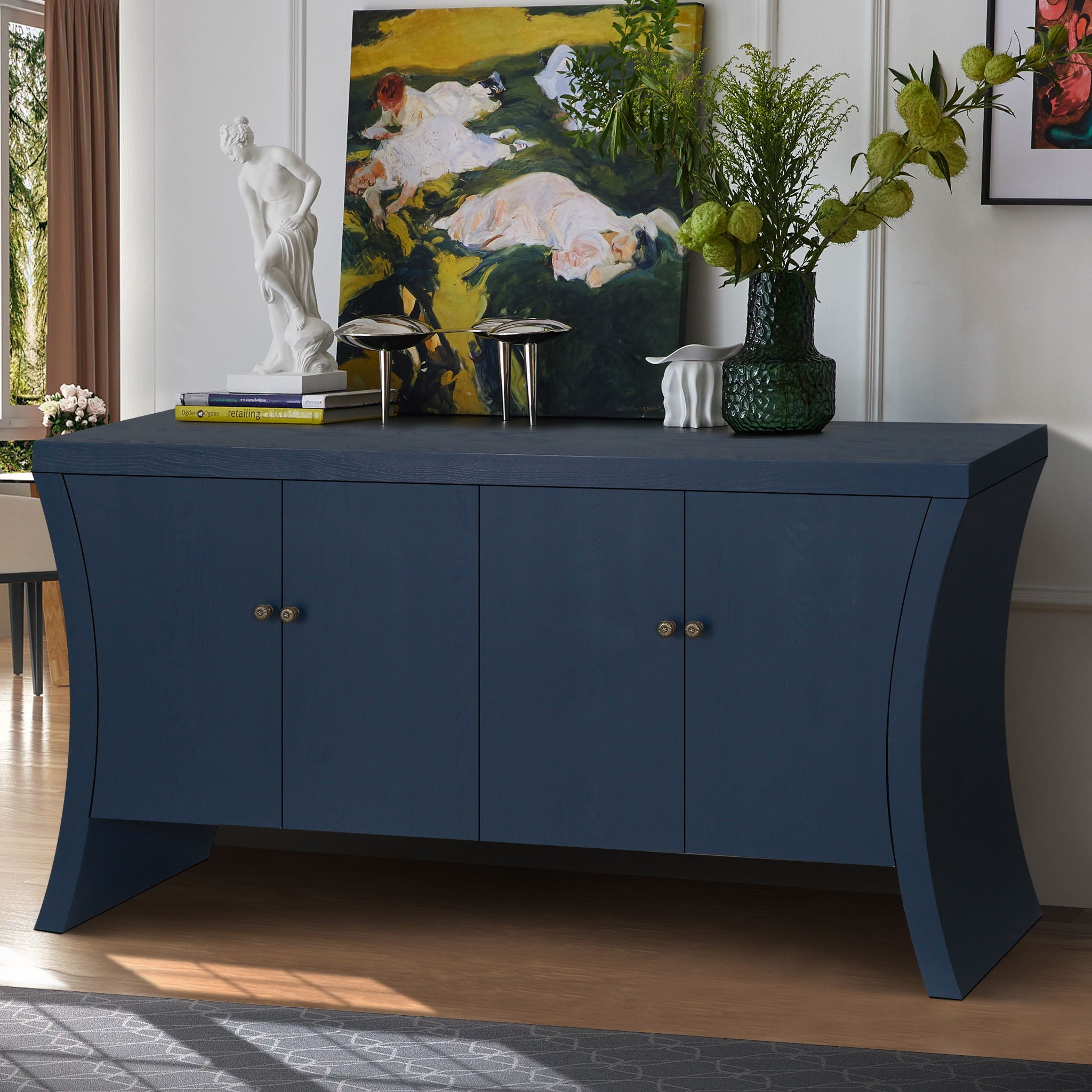 Refined Industrial 4 Door Credenza With Arc Legs &amp; Bronze Clasps