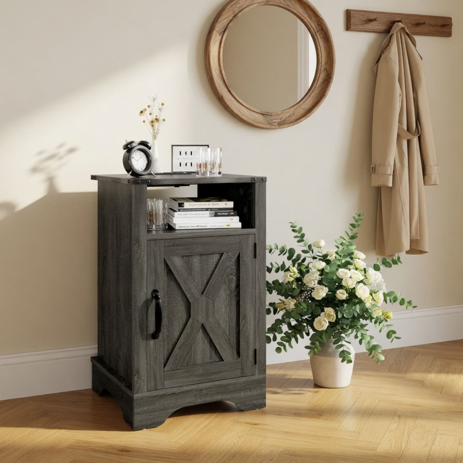 Farmhouse Nightstand, Charging Station &amp; Storage