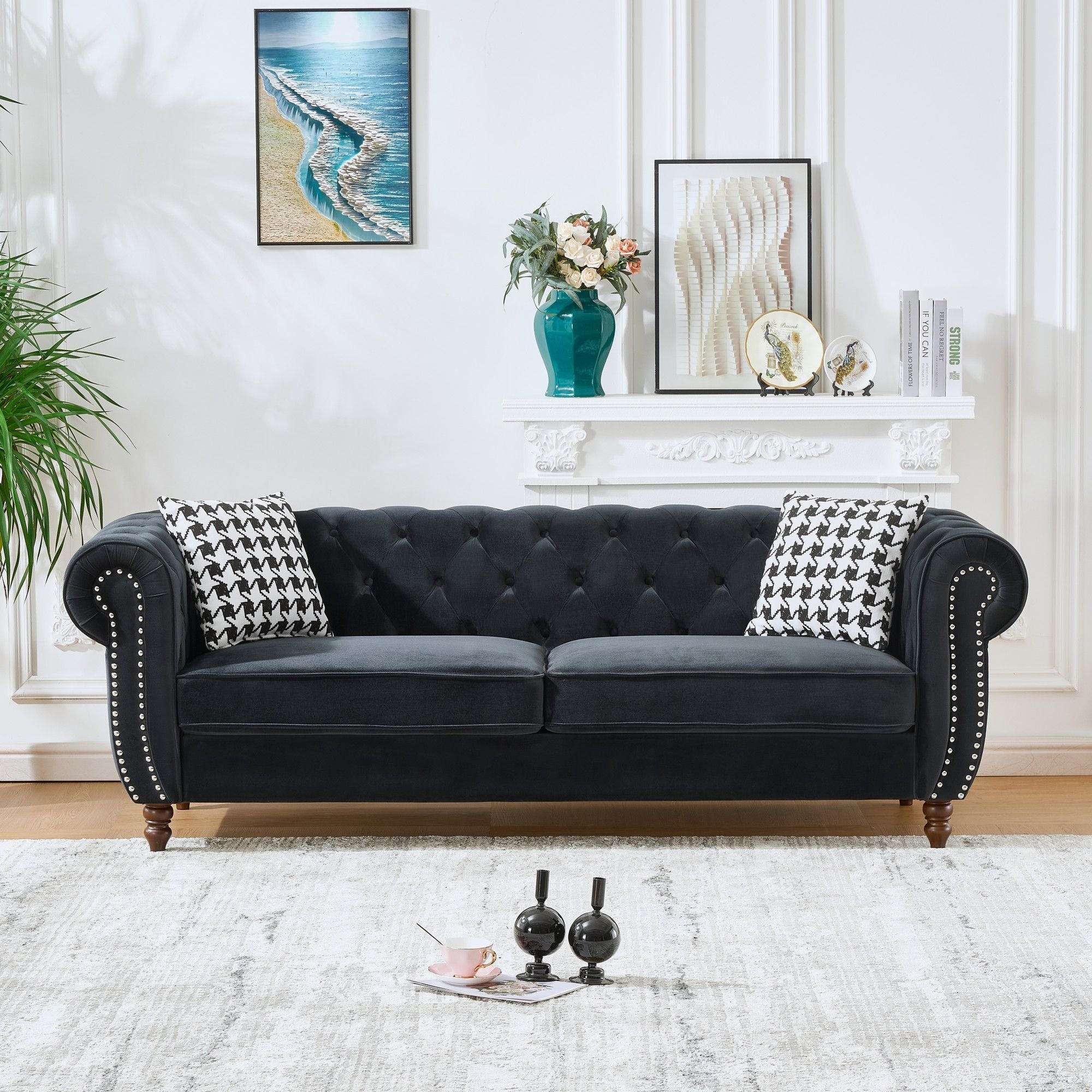 Chesterfield Velvet Upholstery Fabric Sofa With Roll Armrest &amp; Nailhead