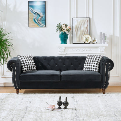Chesterfield Velvet Upholstery Fabric Sofa With Roll Armrest &amp; Nailhead