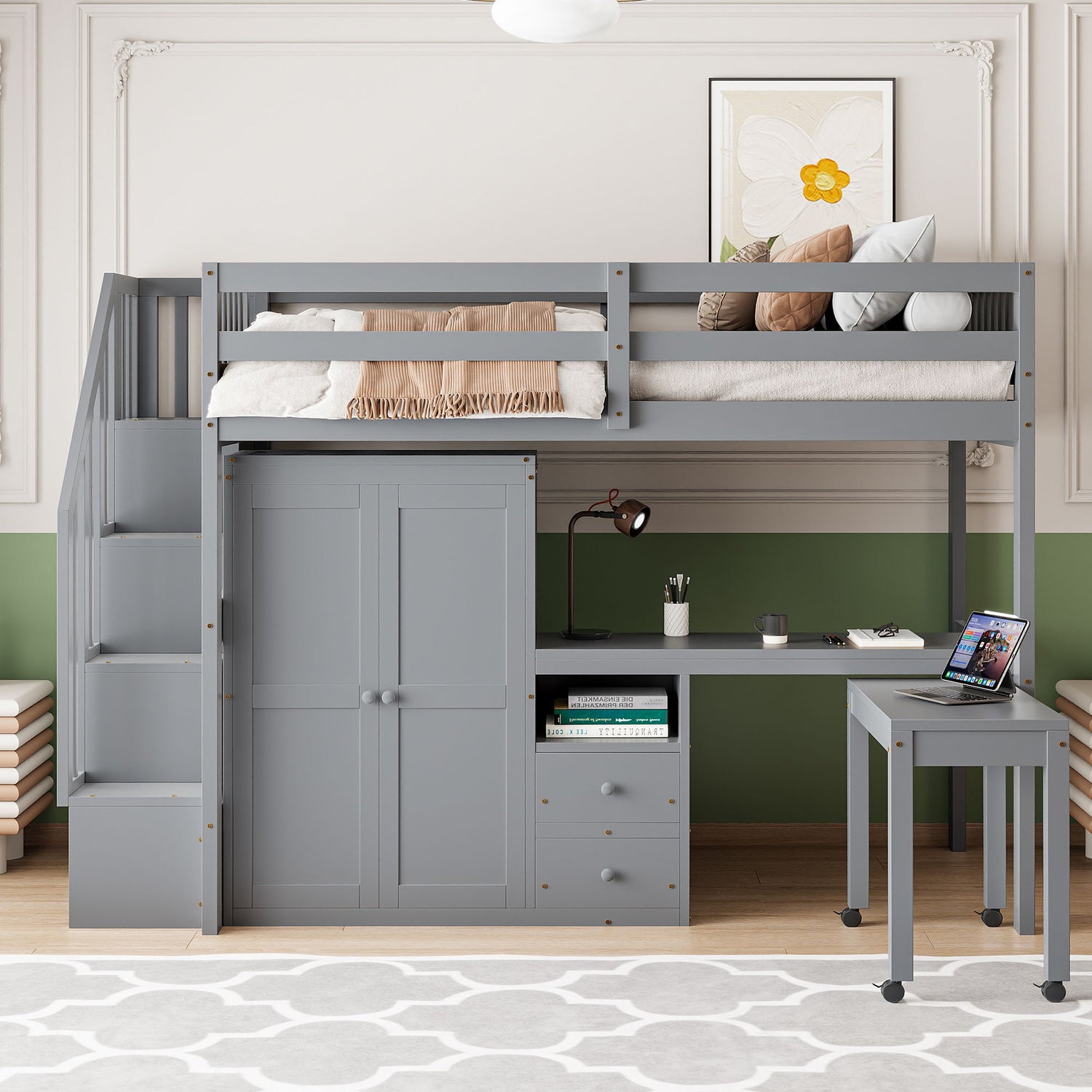 Loft Bed With Stairs, Bookshelf, Drawers, Desk &amp; Wardrobe, Space Saving Multifunctional Furniture