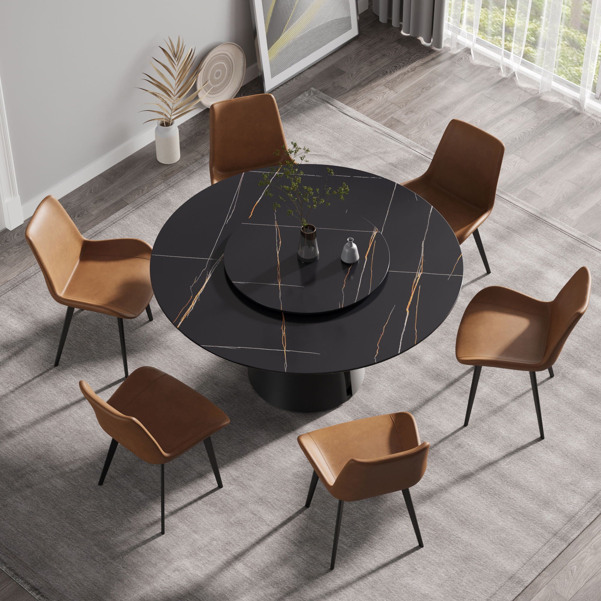 53.15&quot; Round Modern Artificial Stone Carbon Steel Base Dining Table, Can Accommodate 6 People - Black / Gold