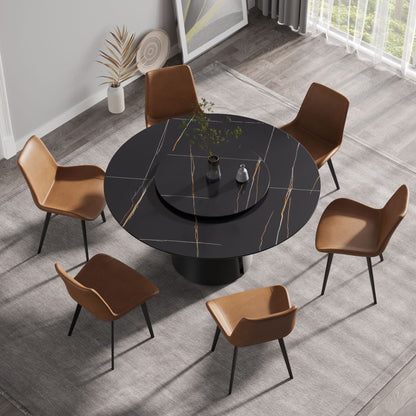 53.15&quot; Round Modern Artificial Stone Carbon Steel Base Dining Table, Can Accommodate 6 People - Black / Gold