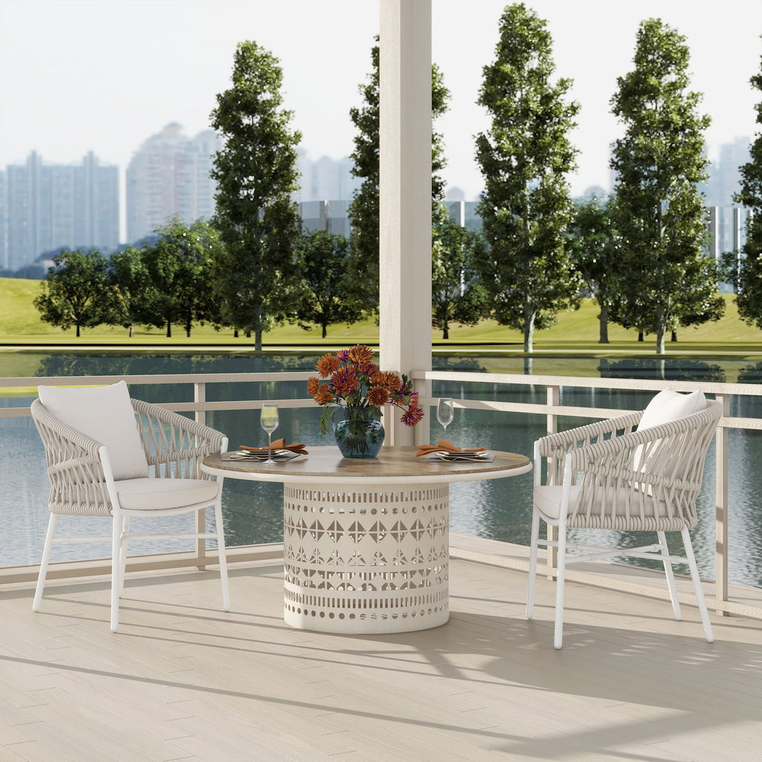 Maiden - Barrel Back Aluminum &amp; Rope Outdoor Patio Dining Chair, Sunproof Olefin (Set of 2)