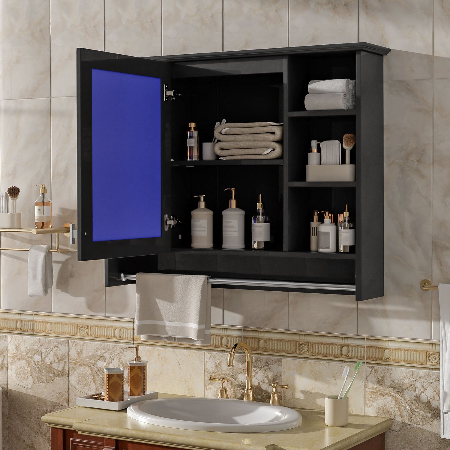 Modern Wall Mounted Mirror Cabinet With Adjustable Shelf, Soft Close Door, And Towel Bar