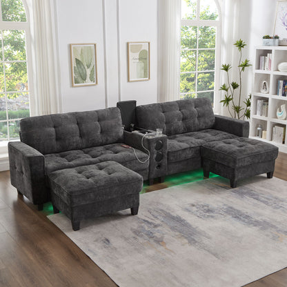 Modern Sectional Sofa U-Shaped With Movable Ottomans, tooth Speakers, LED Lights And Modular Storage