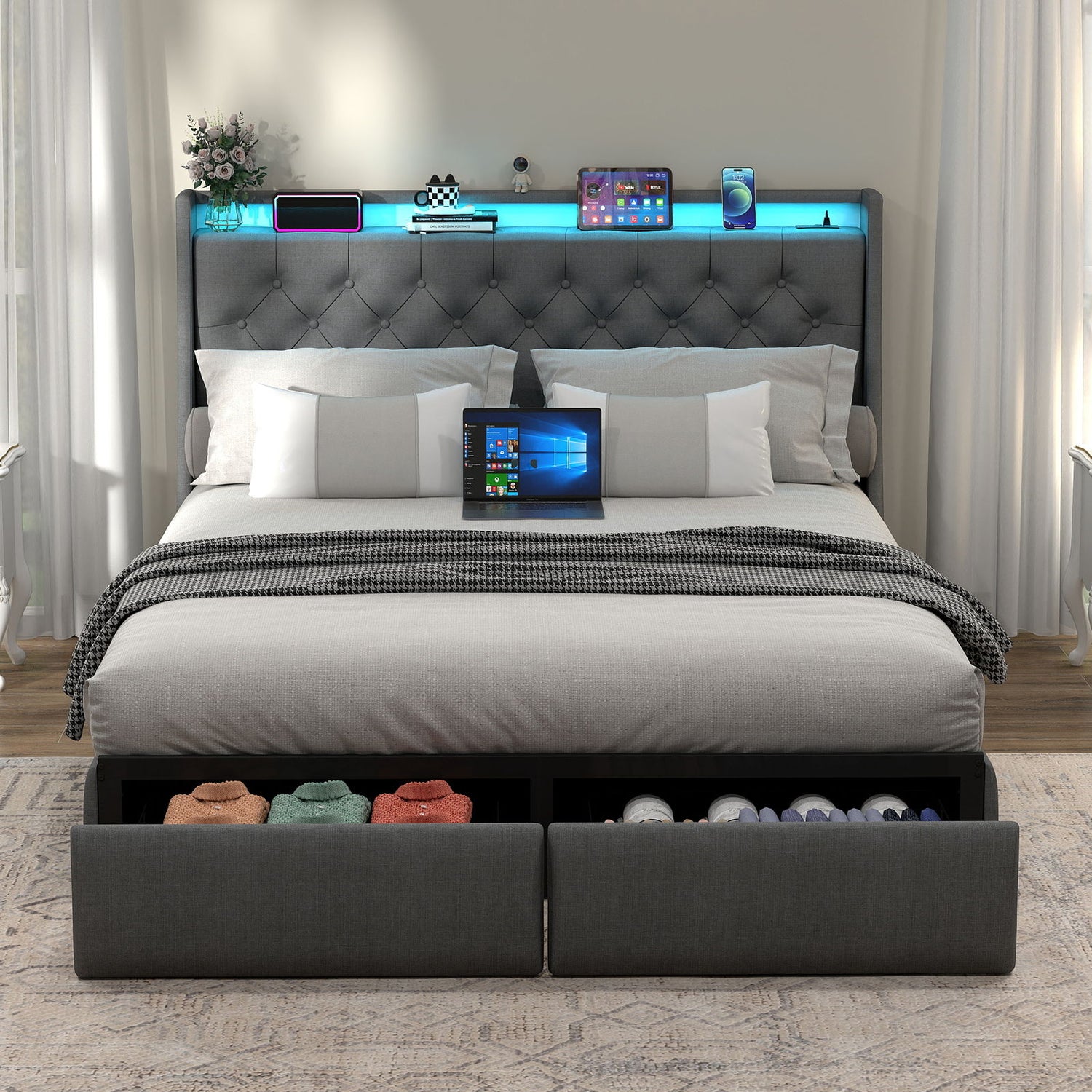 Bed Frame With Storage Headboard, RGB LED Light &amp; USB Charging Station
