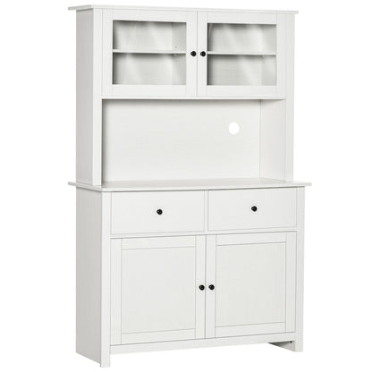 Homcom - 63.5&quot; Kitchen Buffet With Hutch, Pantry Storage Cabinet With 4 Shelves, Drawers, Framed Glass Doors, Open Microwave Countertop - Antique White