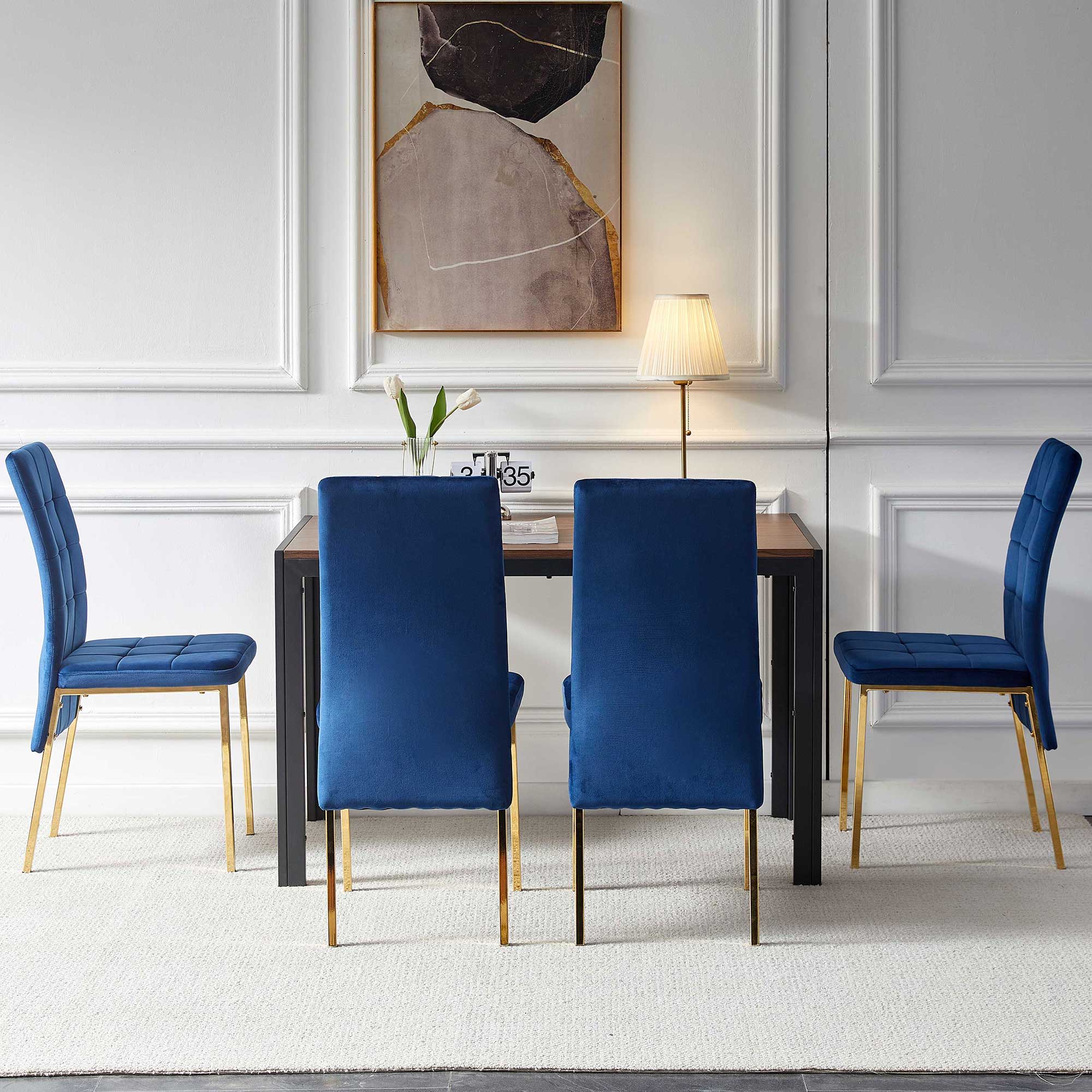 5 Pieces Dining Set Including Velvet High Back Golden Color Legs Nordic Dining Chair &amp; Creative Design Dining Table