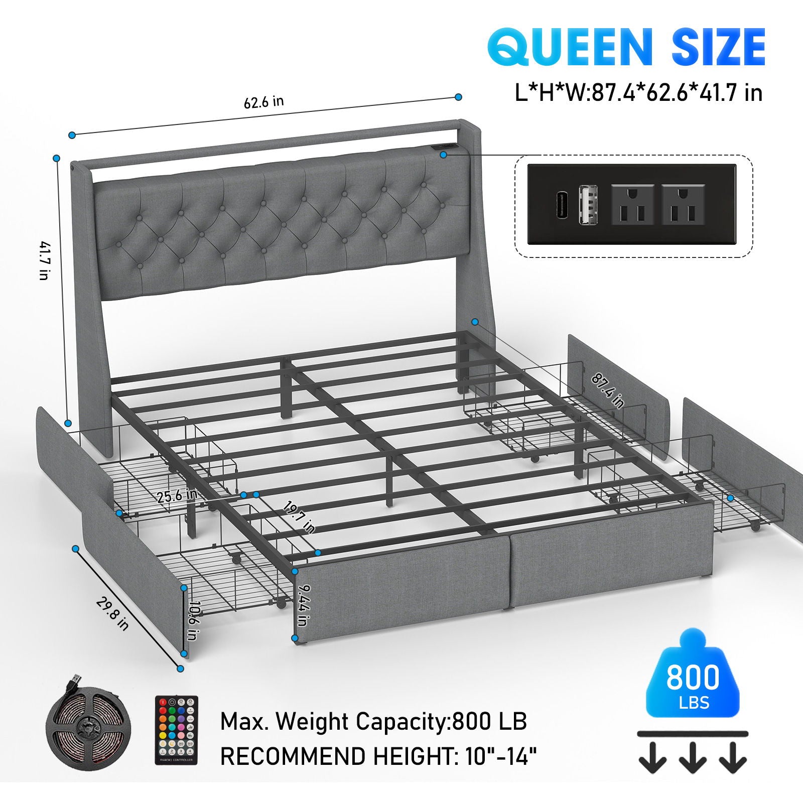 Platform Bed Frame With RGB LED Lights, Charging Station, Storage Headboard &amp; 4 Underbed Drawers