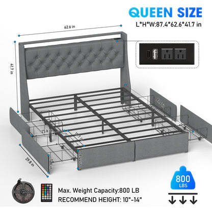 Platform Bed Frame With RGB LED Lights, Charging Station, Storage Headboard &amp; 4 Underbed Drawers