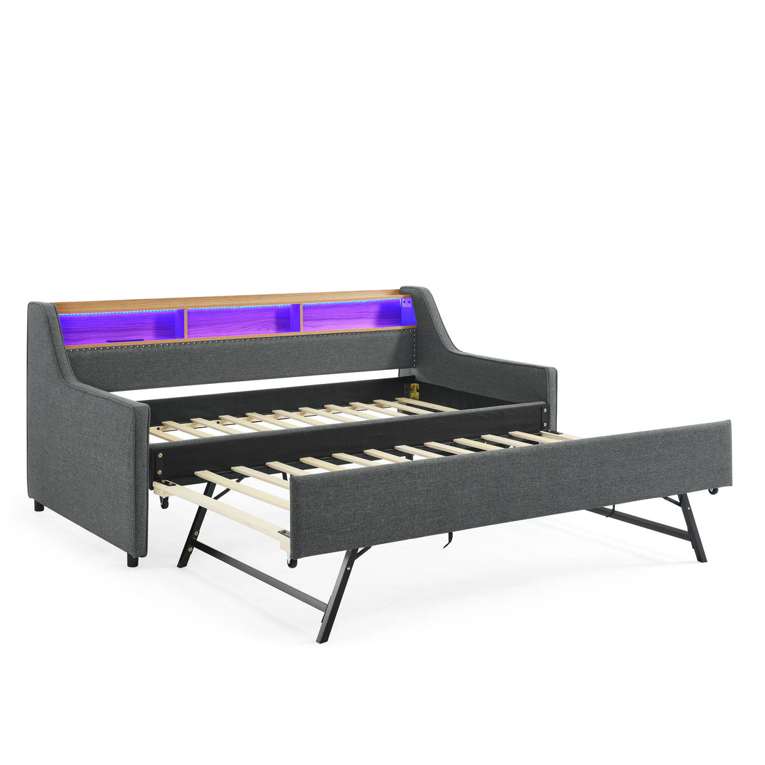 Upholstered Sofa Bed With LED Lights, Storage Headboard, Foldable Trundle &amp; Wireless Charging