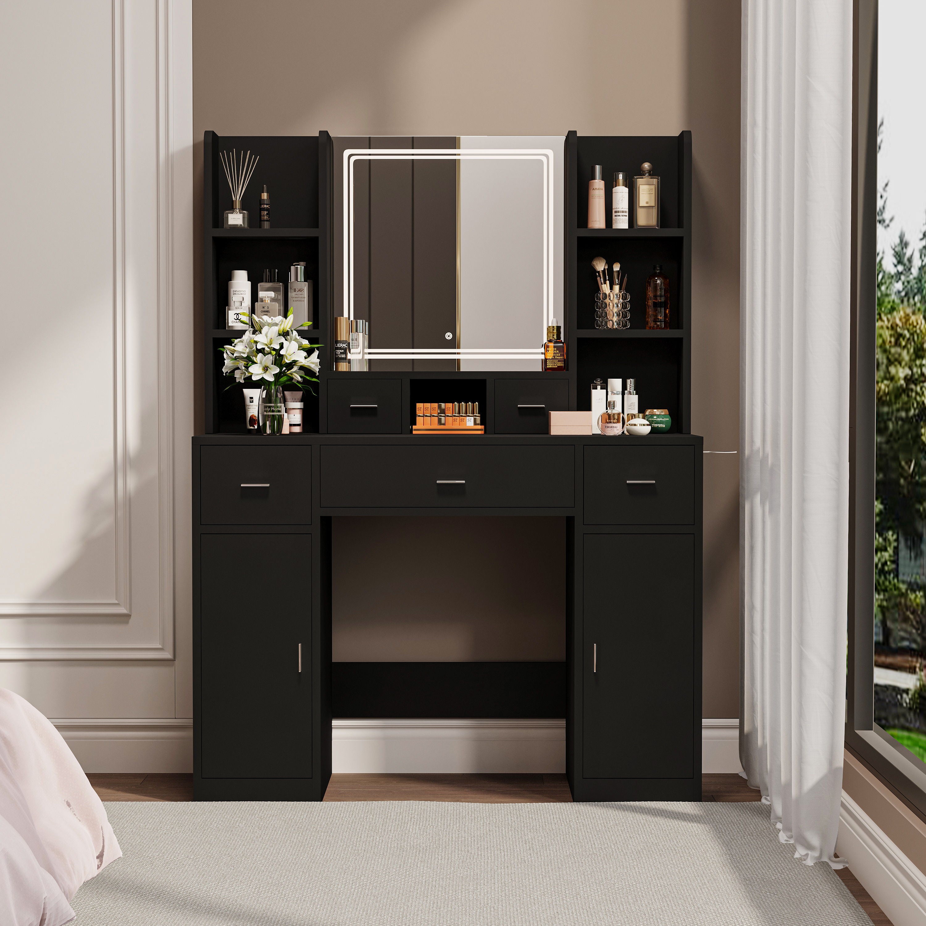 43.31&quot; Newly Designed Smart Mirror Dressing Table With Drawers And Storage Cabinet, Dressing Table With Dressing Pad For Bedroom, Dressing Room