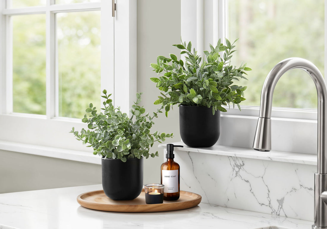 11" Tall, Artificial Plant, Eucalyptus Grass, Indoor, Faux, Fake, Table, Greenery, Potted, Decorative (Set of 2) - Green / Black