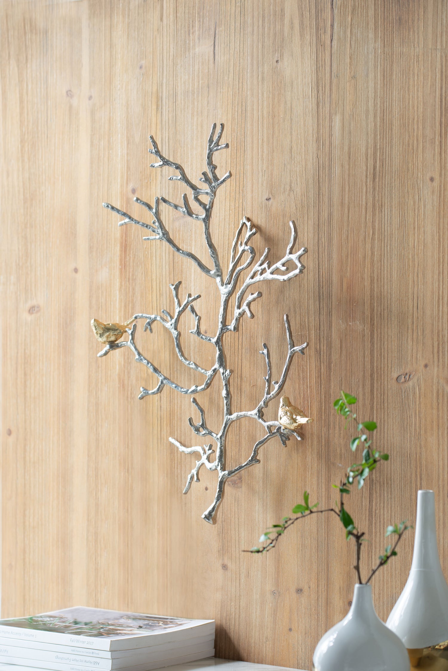 Metal Branch Wall Sculptures With Bird Accents (Set of 2) - Silver Multi