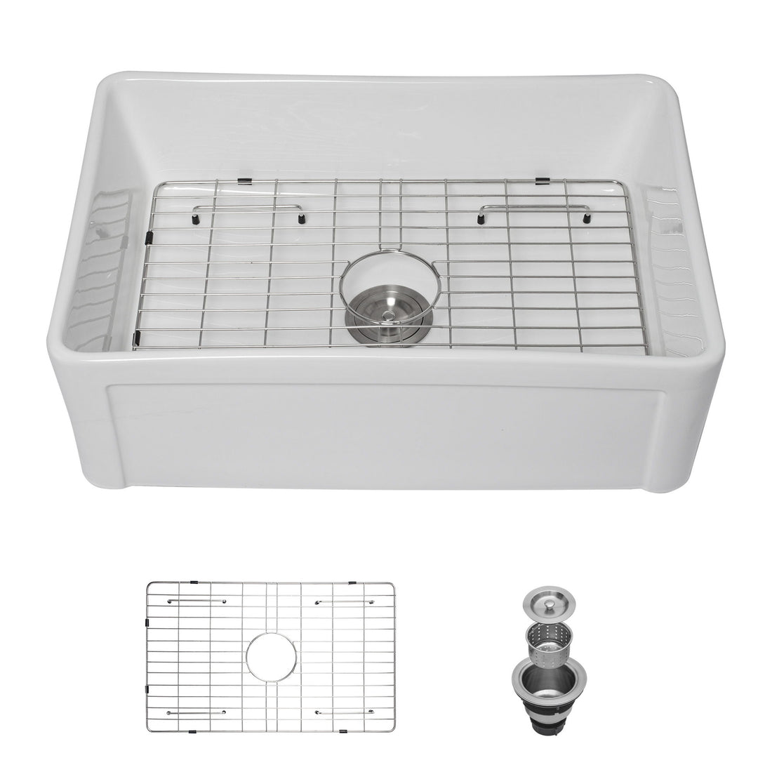 Sink 30&quot; Apron Front Reversible Single Bowl Kitchen Sink &amp; Grid And Strainer - White