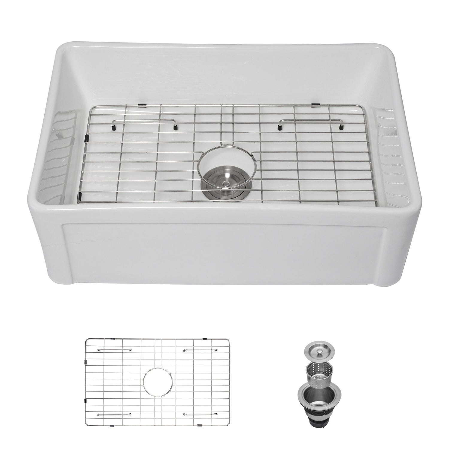 Sink 30&quot; Apron Front Reversible Single Bowl Kitchen Sink &amp; Grid And Strainer - White