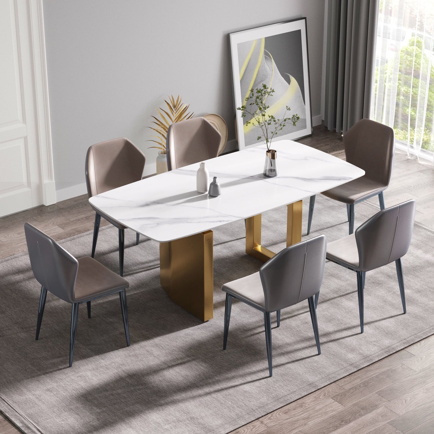 70.87&quot; Modern Artificial Stone White Curved Metal Leg Dining Table - White / Gold